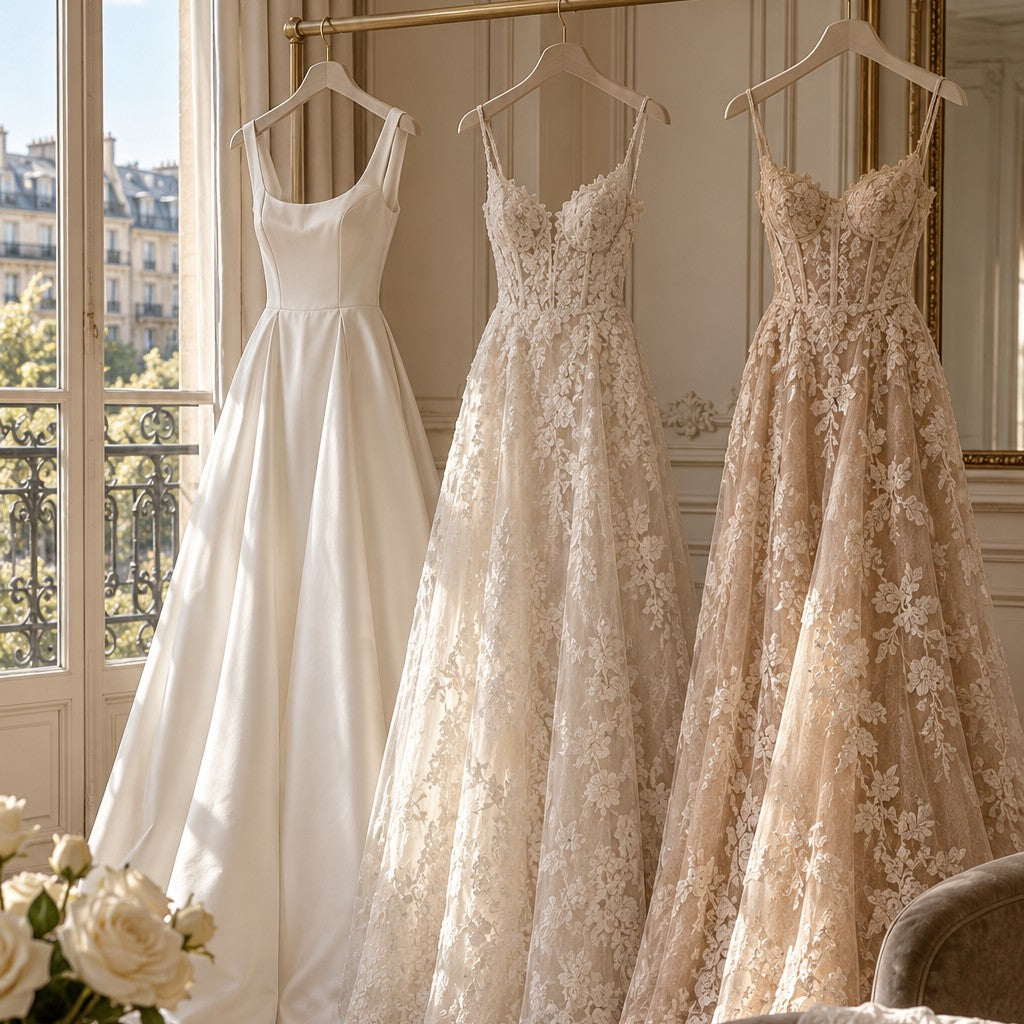 Three wedding dresses side by side in a Paris bridal atelier: a white satin gown, an ivory lace gown and a champagne lace gown