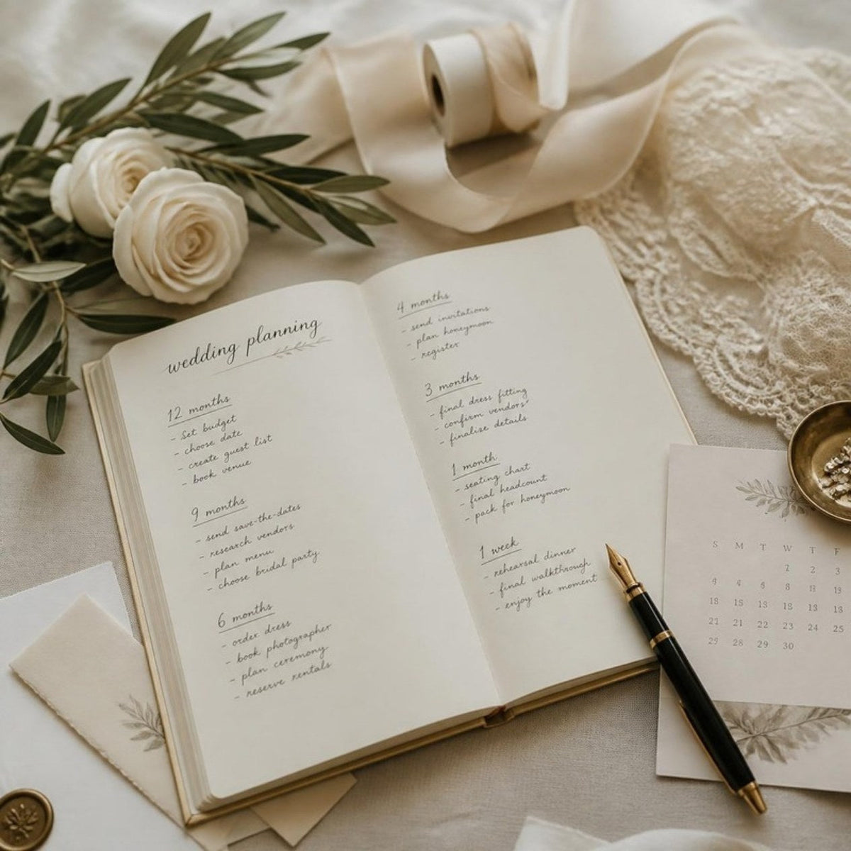 A wedding planning notebook open on ivory linen, with a fountain pen, white roses and lace