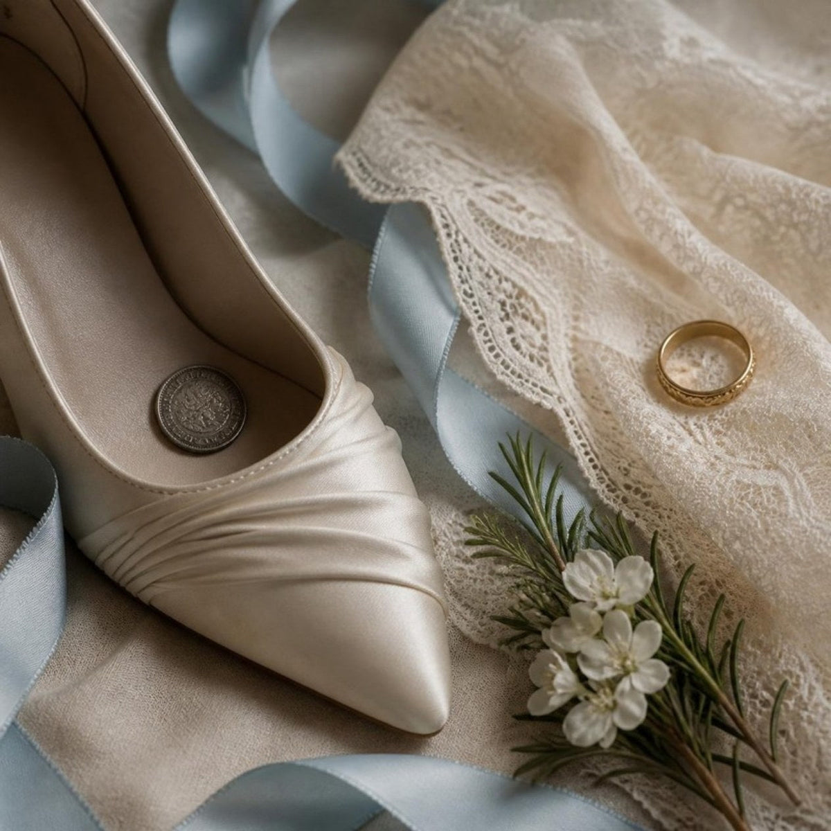 An ivory satin bridal shoe with a silver sixpence, a pale blue ribbon, a lace veil and a gold wedding ring