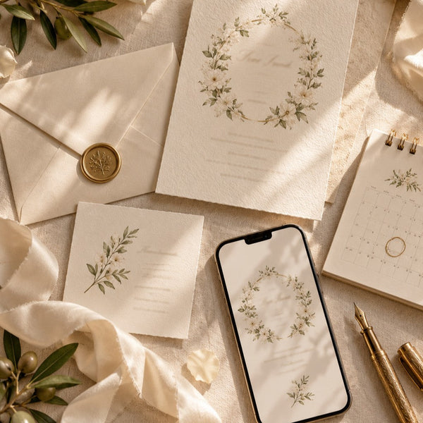 Wedding invitation suite with a gold wax seal, a save-the-date card, a calendar and a phone showing a digital wedding invitation