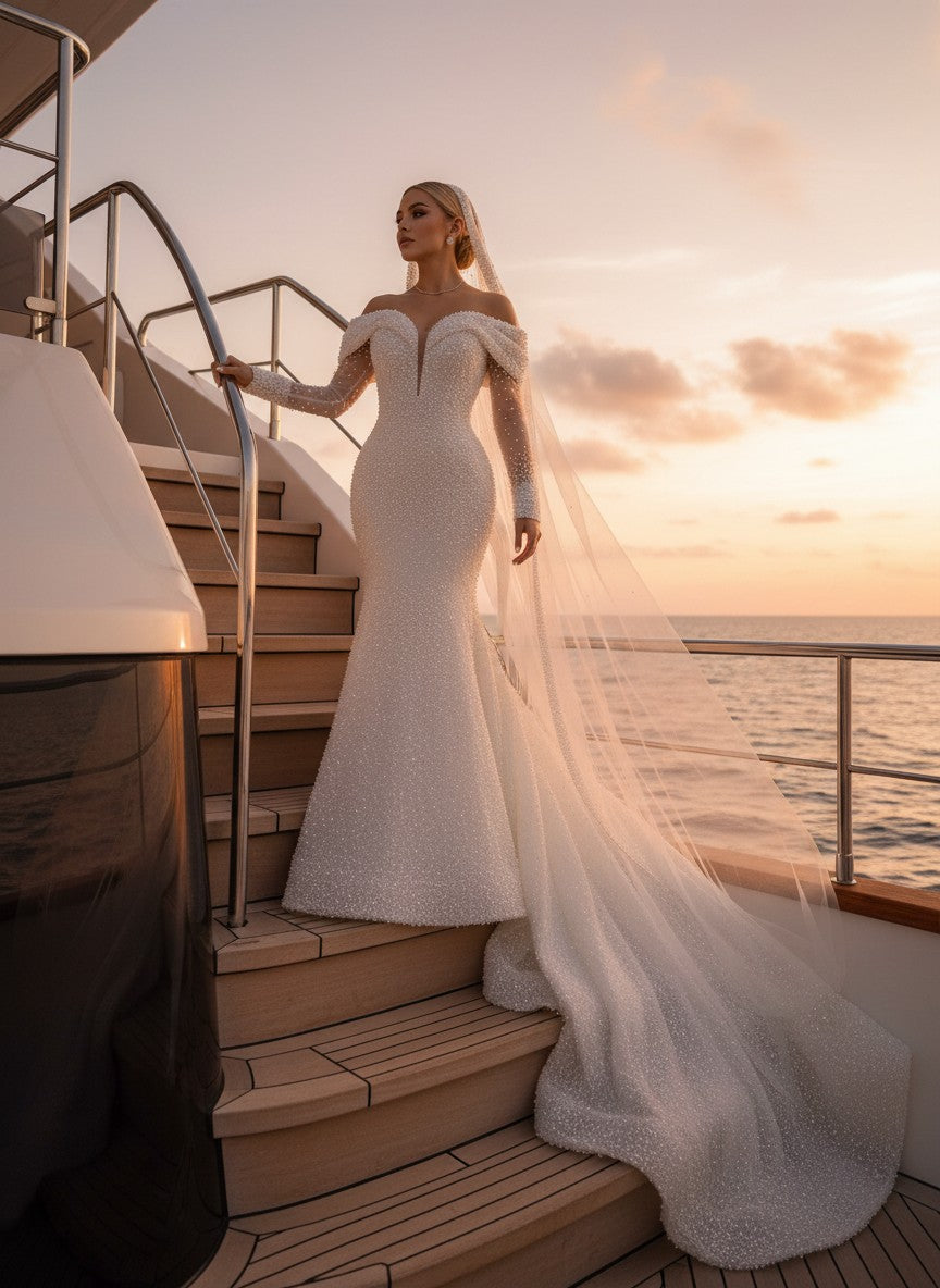 Mermaid Off Shoulder Wedding Dress — with Train, 3 Colours