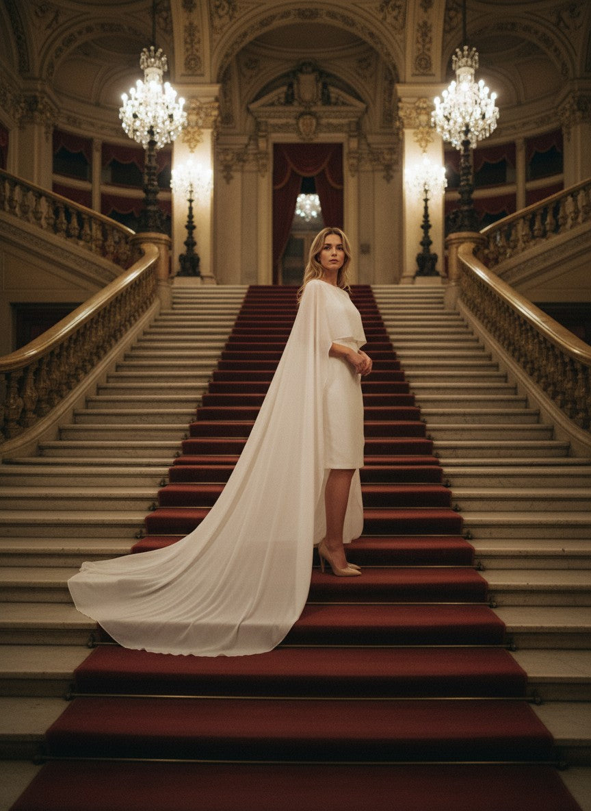 Chiffon Bridal Cape with Train — Round Neck, One Size