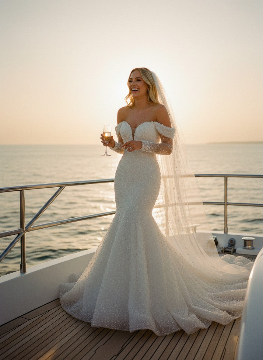 Mermaid Off Shoulder Wedding Dress — with Train, 3 Colours