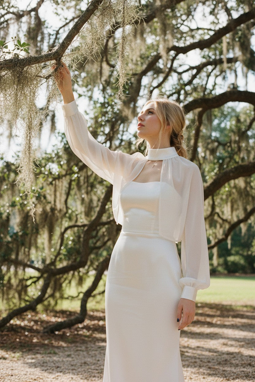 High Neck Long Sleeve Bridal Bolero — Long, One Size