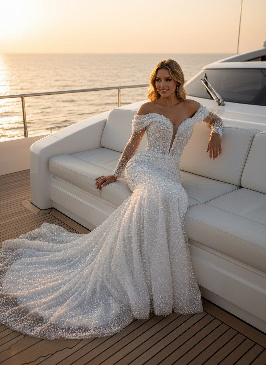 Mermaid Off Shoulder Wedding Dress — with Train, 3 Colours