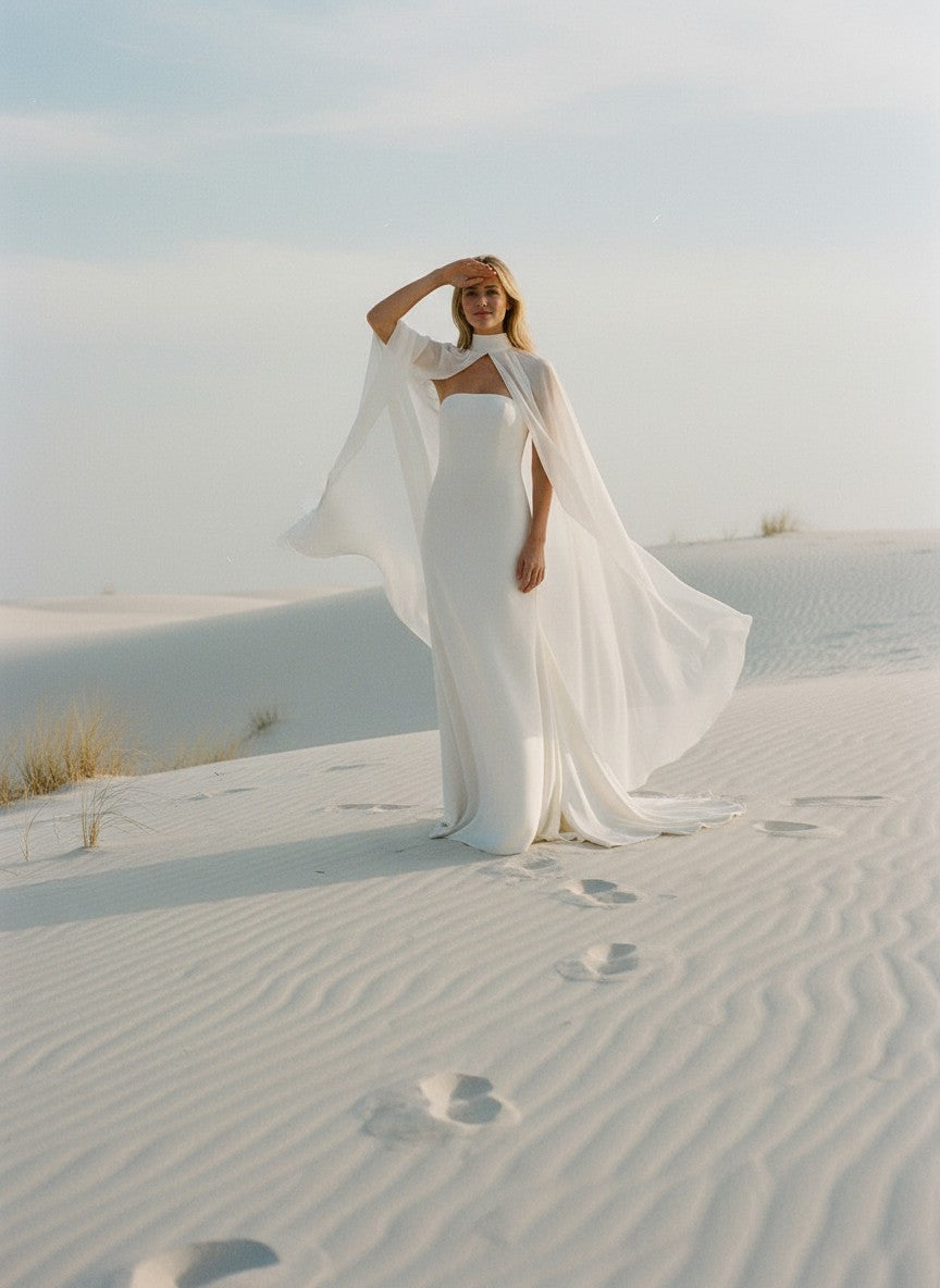 High Neck Chiffon Bridal Cape — Long, 11 Colours