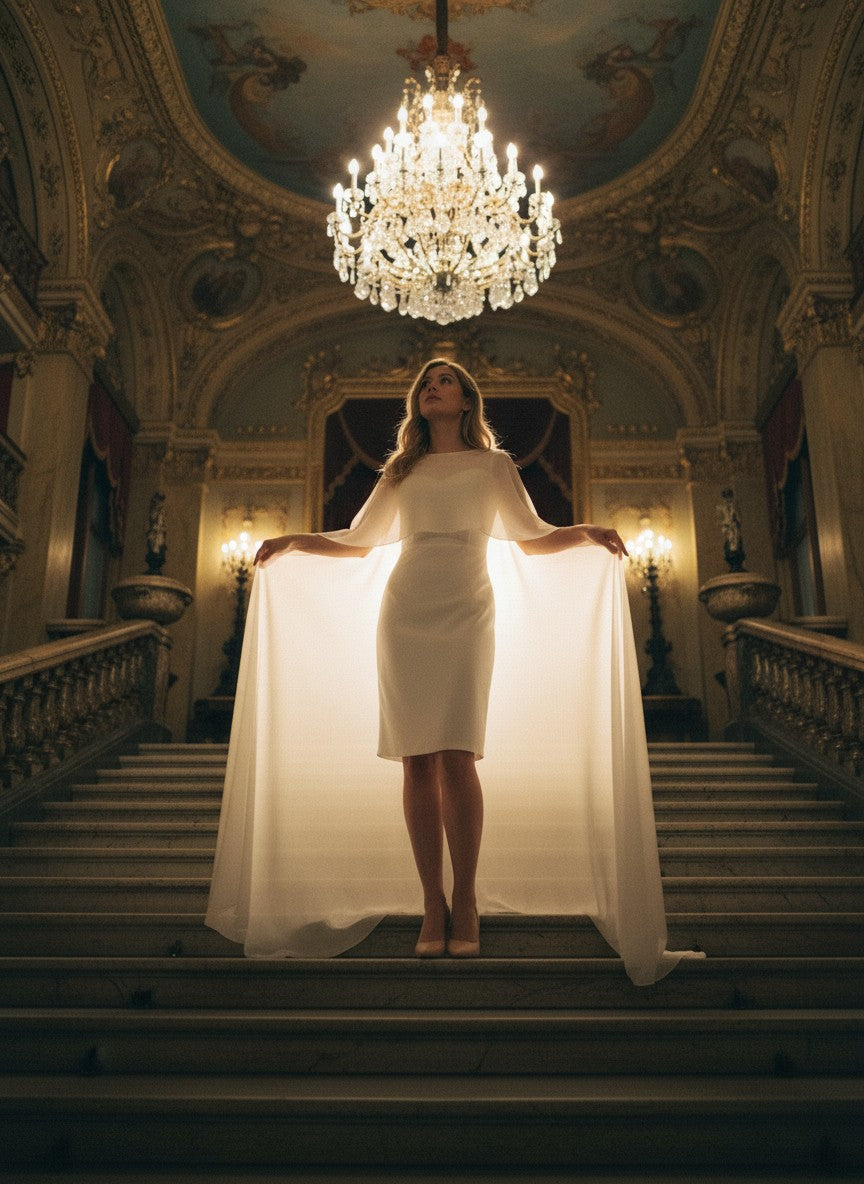 Chiffon Bridal Cape with Train — Round Neck, One Size