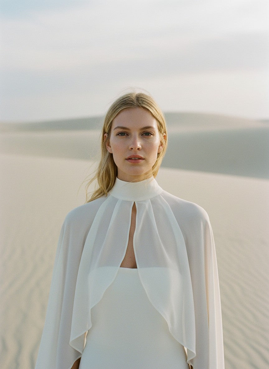 High Neck Chiffon Bridal Cape — Long, 11 Colours