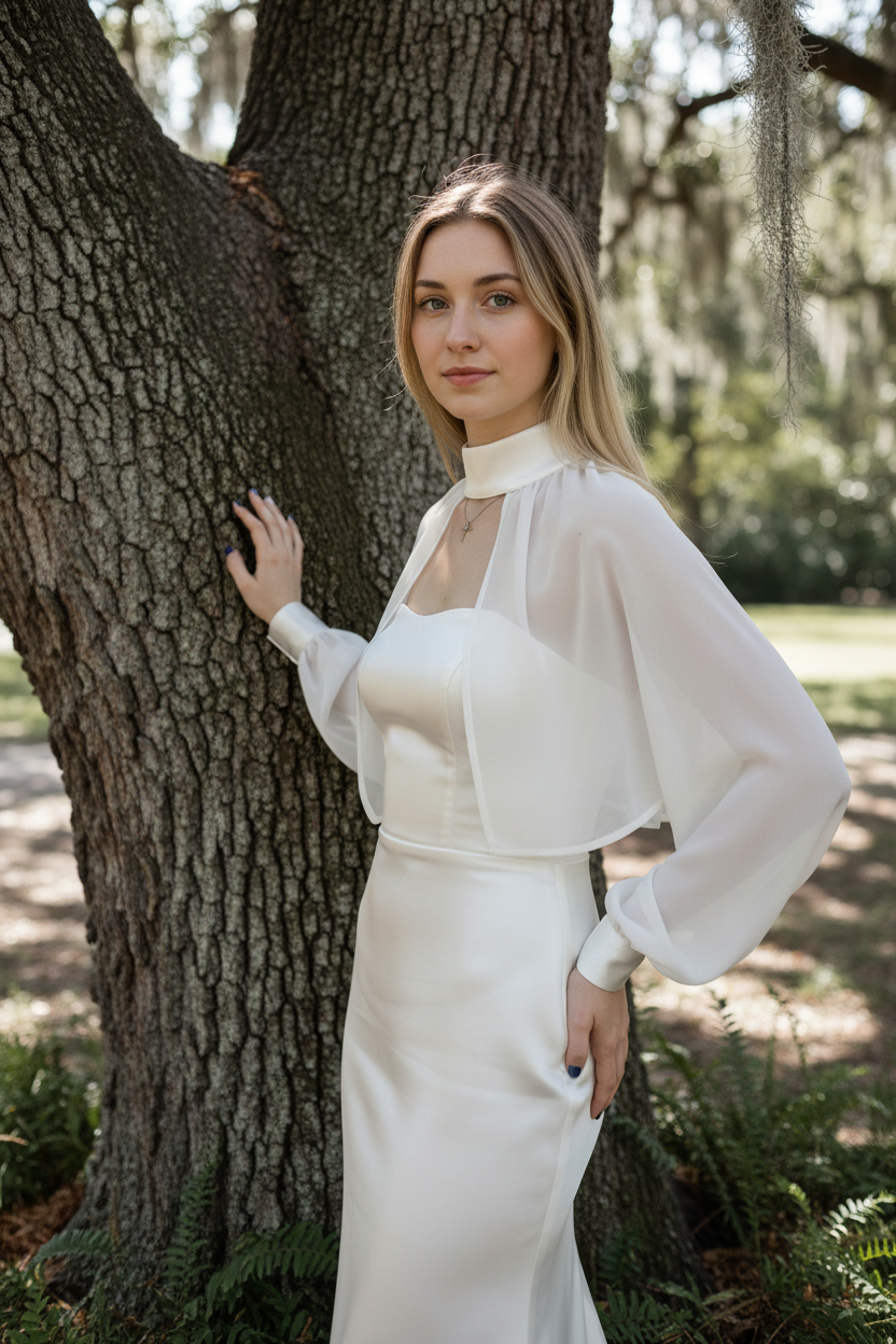 High Neck Long Sleeve Bridal Bolero — Long, One Size