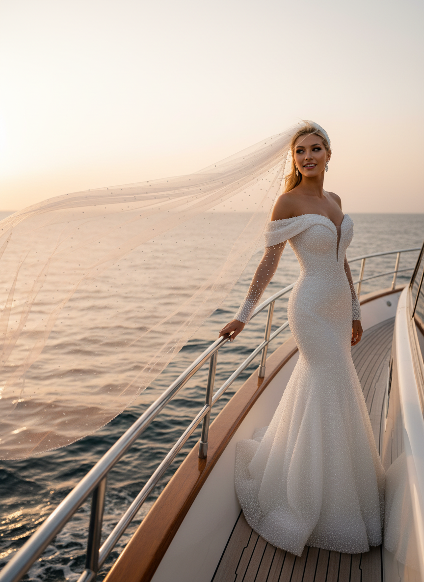 Mermaid Off Shoulder Wedding Dress — with Train, 3 Colours