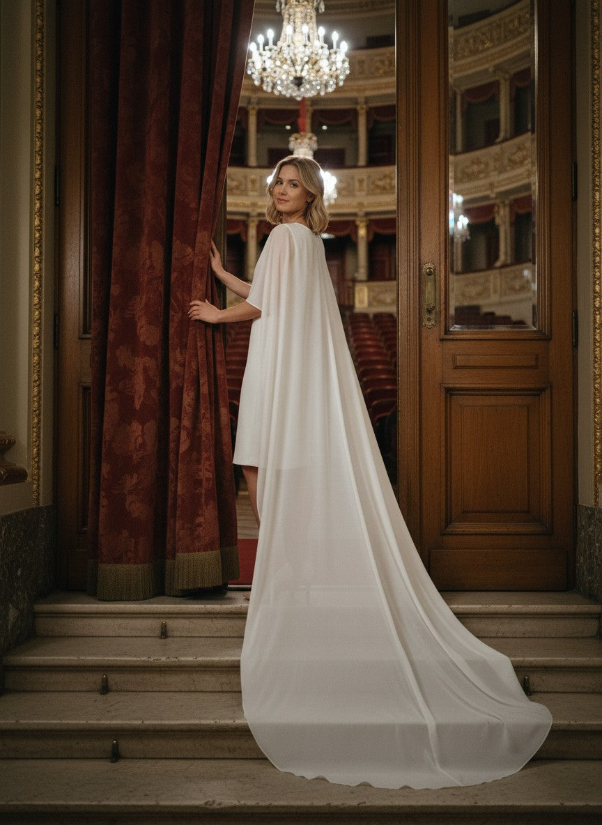 Chiffon Bridal Cape with Train — Round Neck, One Size