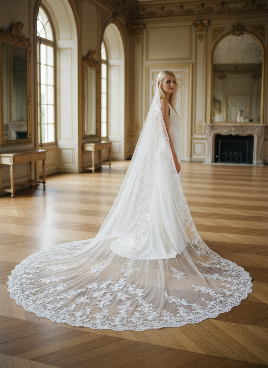 Cathedral Lace Wedding Veil — Single Tier, 300 to 500 cm