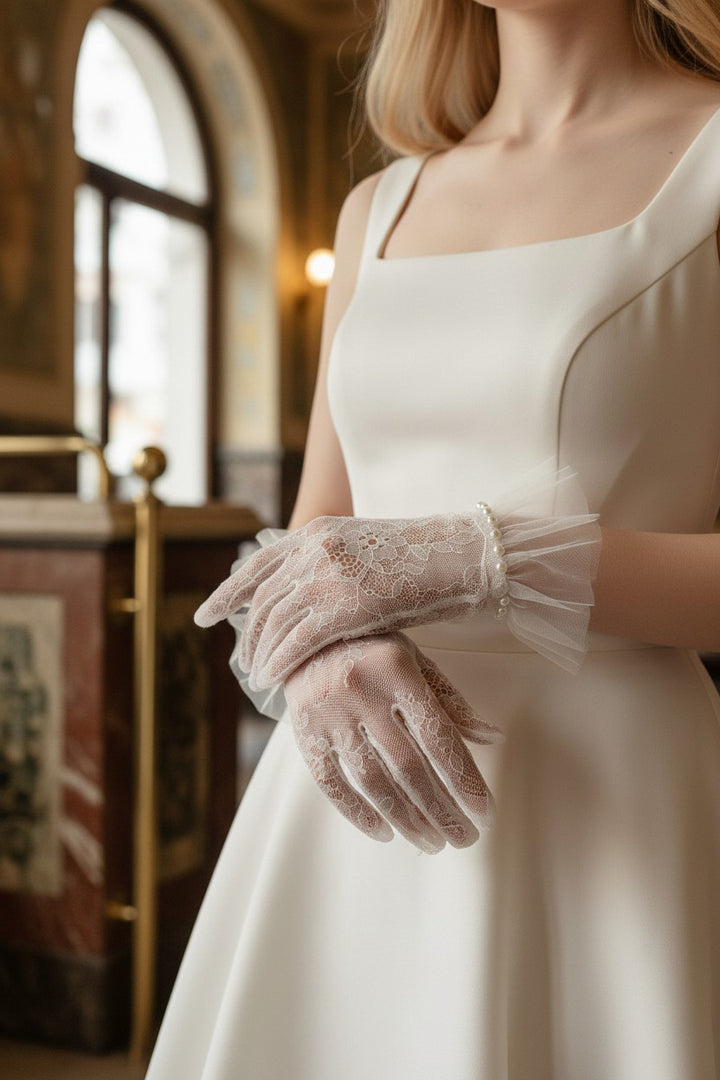 Pearl Ruffled Bridal Gloves — Short