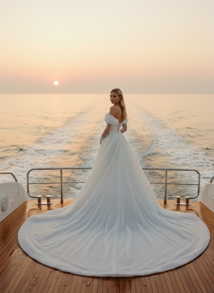 Mermaid Off Shoulder Wedding Dress — with Train, 3 Colours