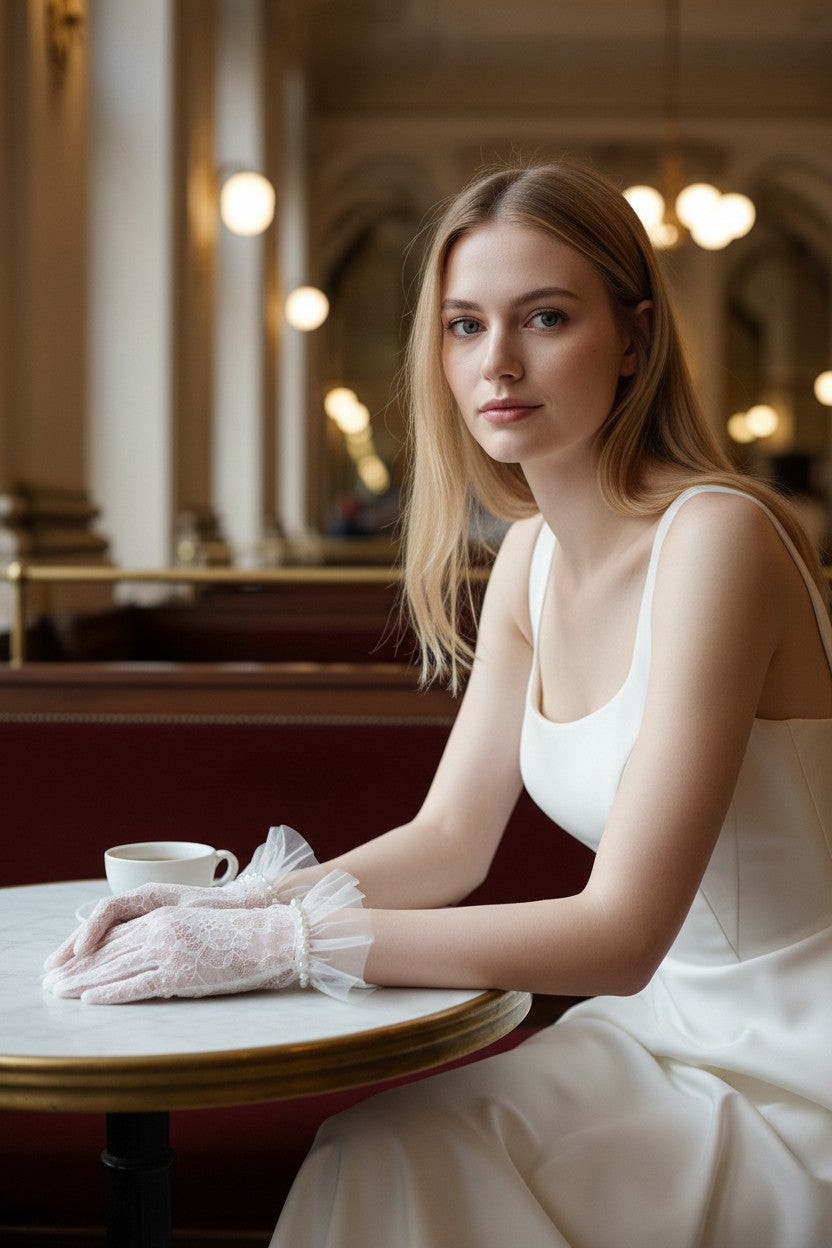 Pearl Ruffled Bridal Gloves — Short