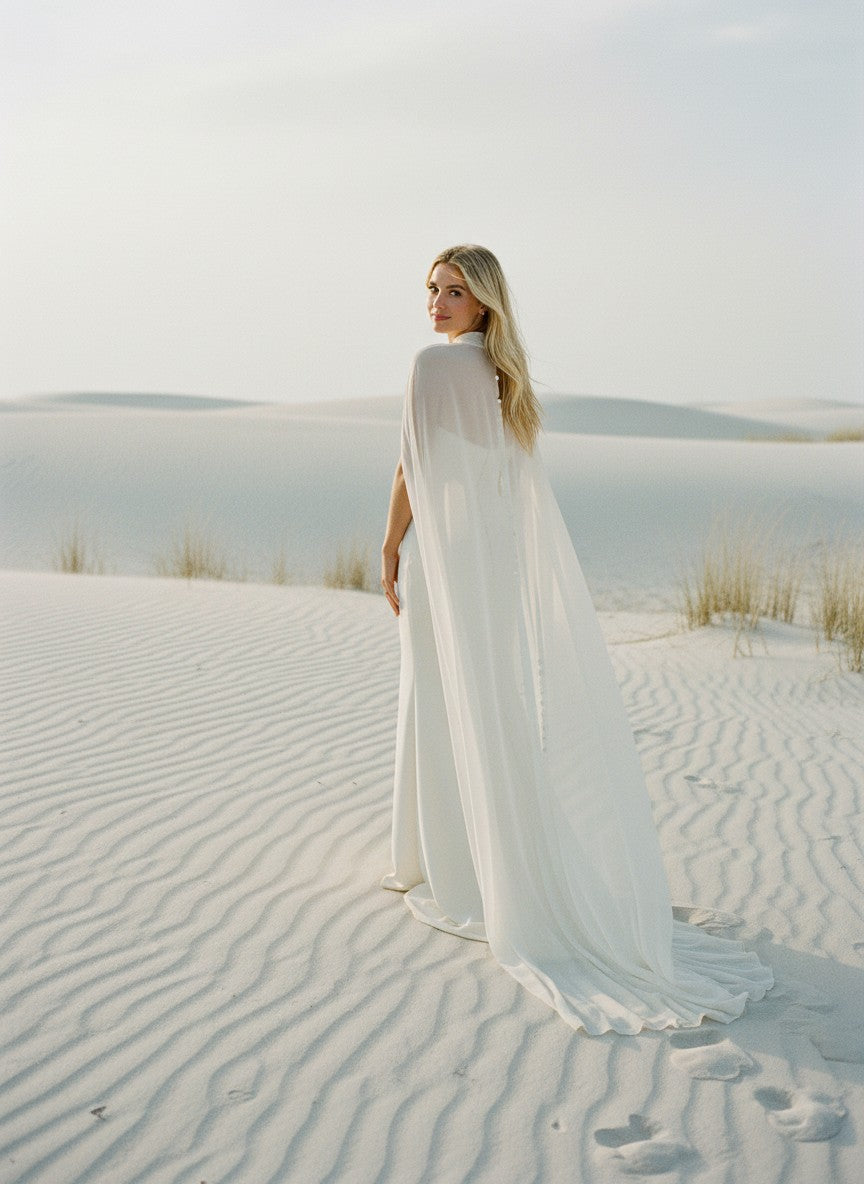 High Neck Chiffon Bridal Cape — Long, 11 Colours