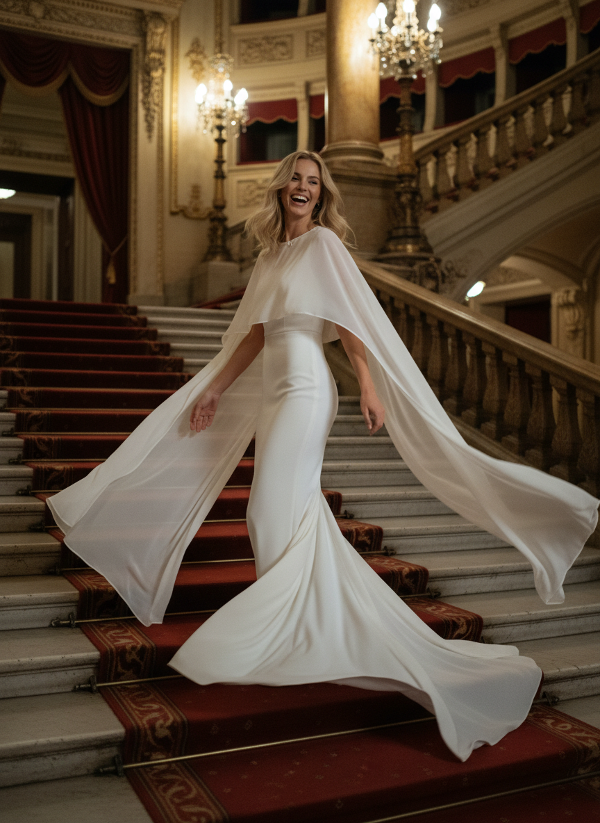Chiffon Bridal Cape with Train — Round Neck, One Size