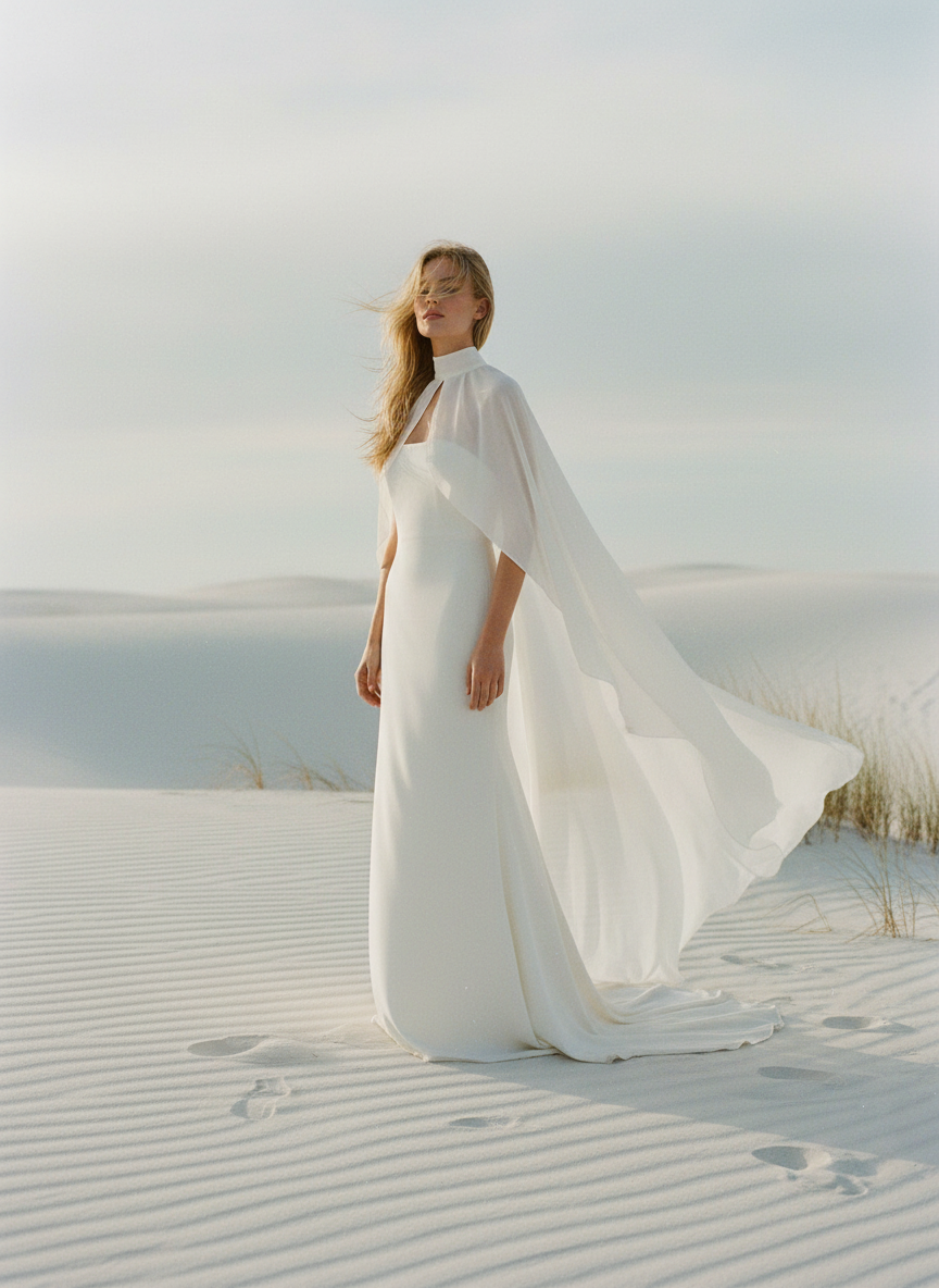 High Neck Chiffon Bridal Cape — Long, 11 Colours