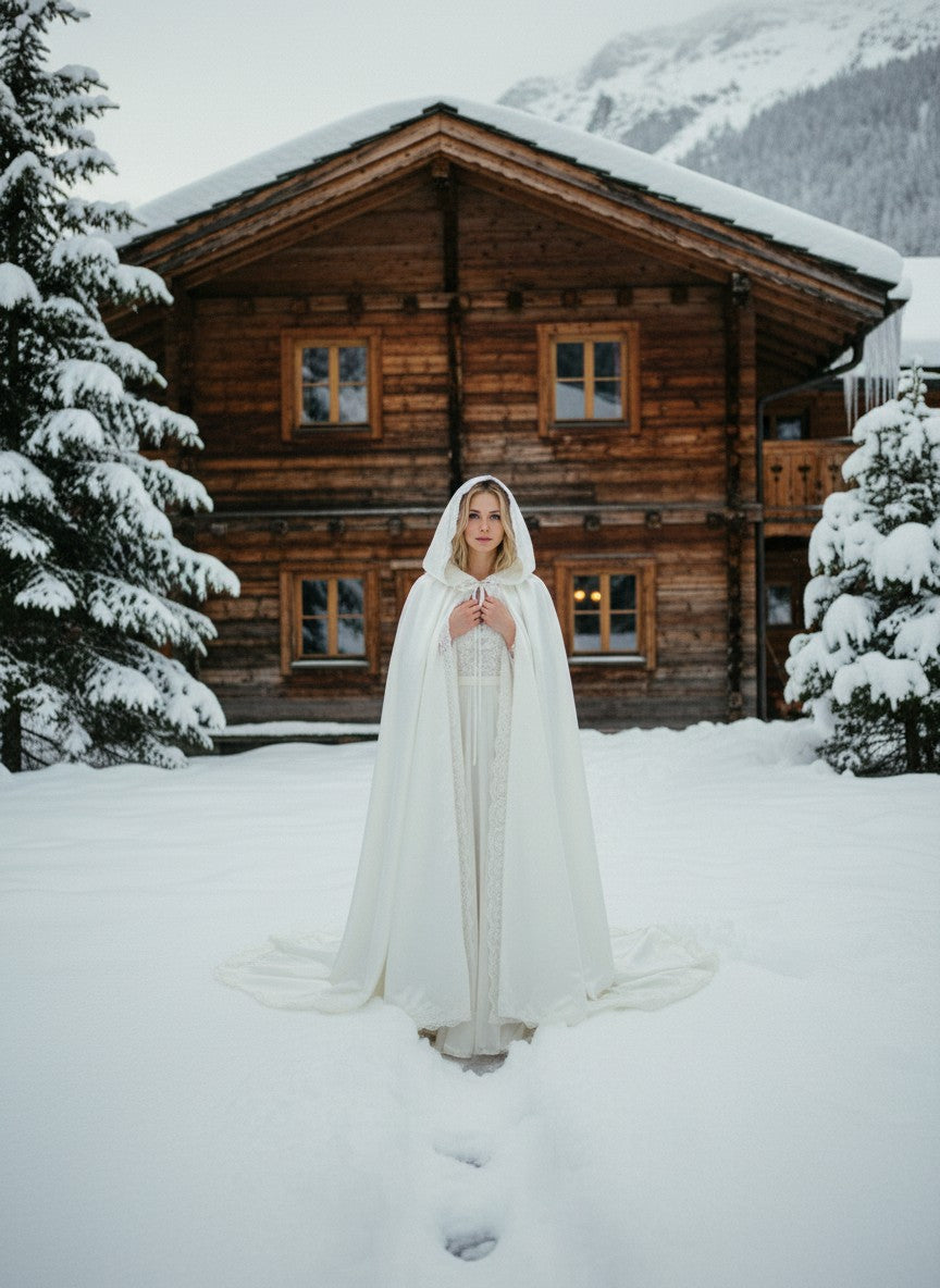 Hooded Lace Bridal Shawl — Winter, S to XL