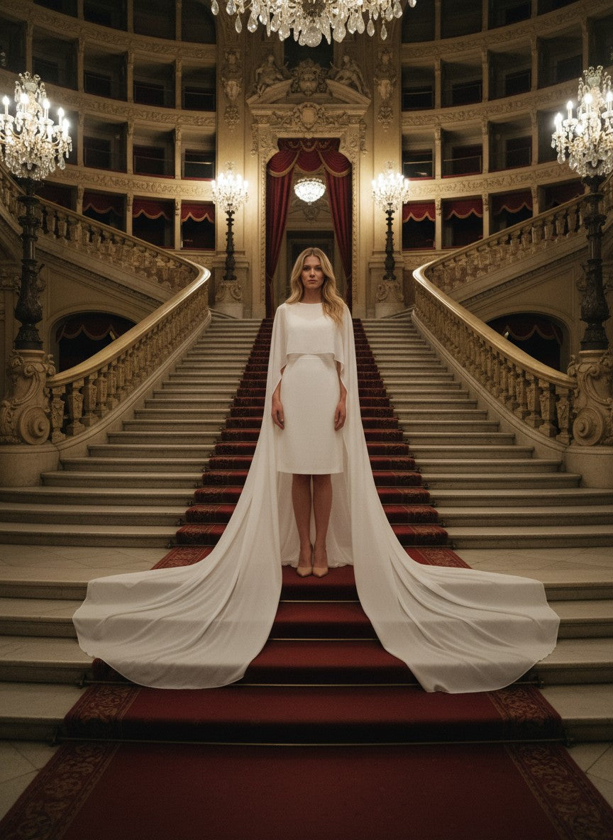 Chiffon Bridal Cape with Train — Round Neck, One Size