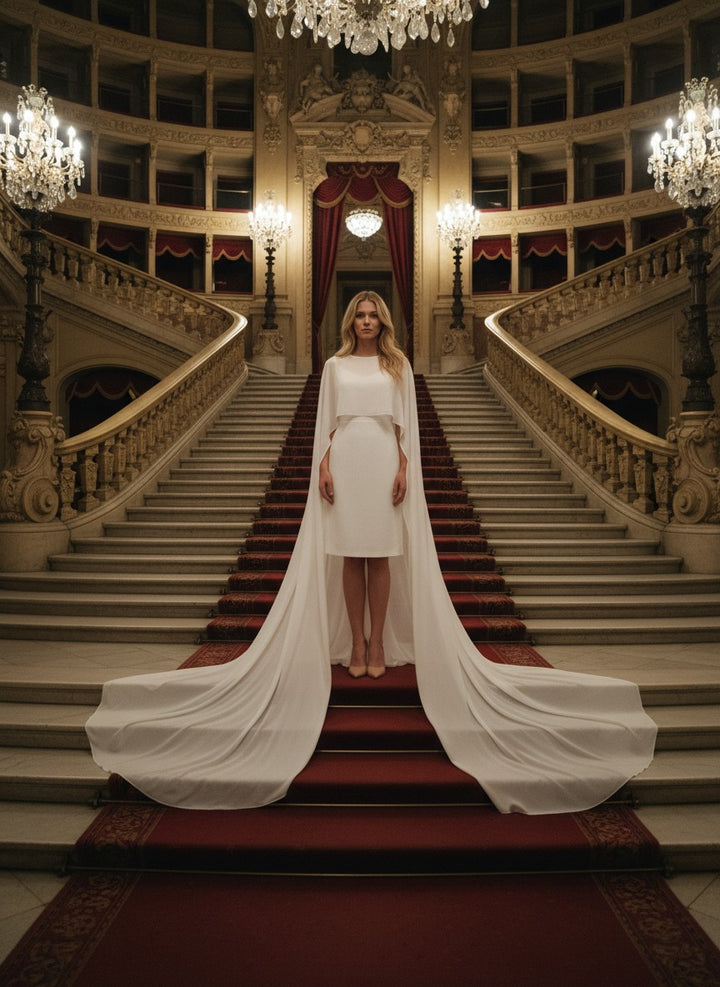 Chiffon Bridal Cape with Train — Round Neck, One Size