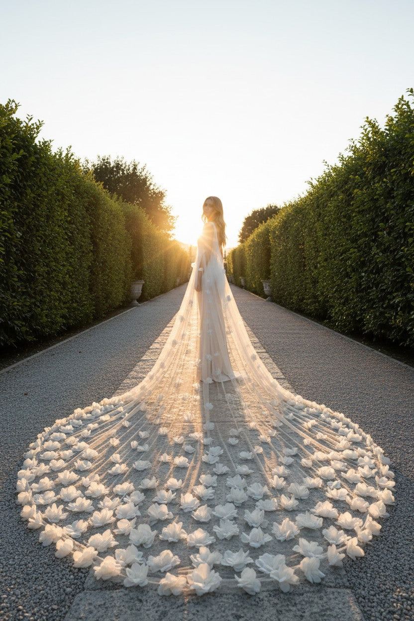 3D Floral Tulle Wedding Veil — with Train