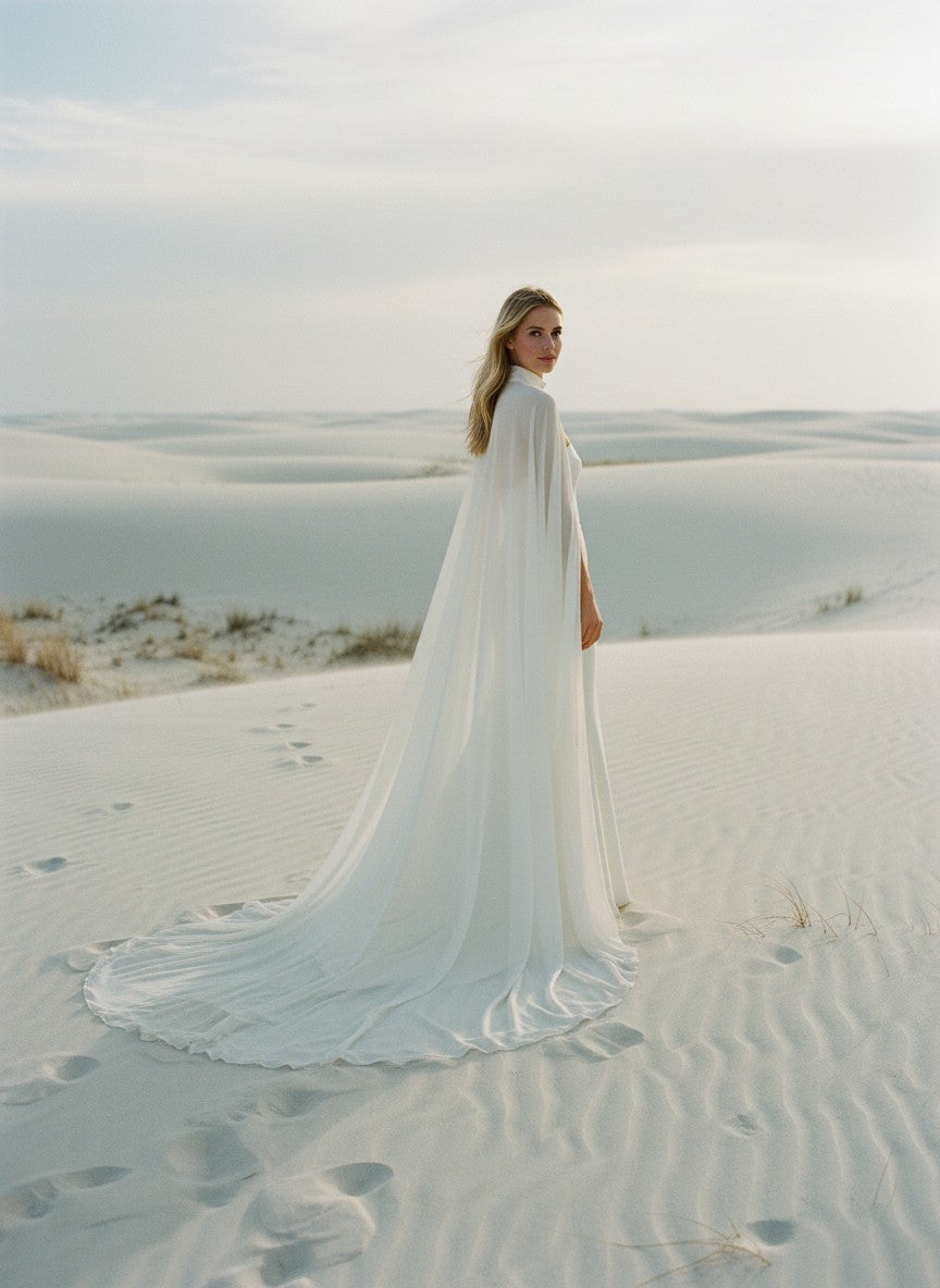 High Neck Chiffon Bridal Cape — Long, 11 Colours