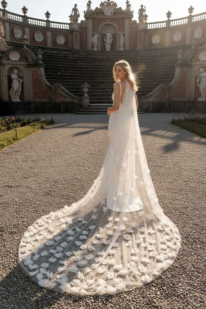 3D Floral Tulle Wedding Veil — with Train
