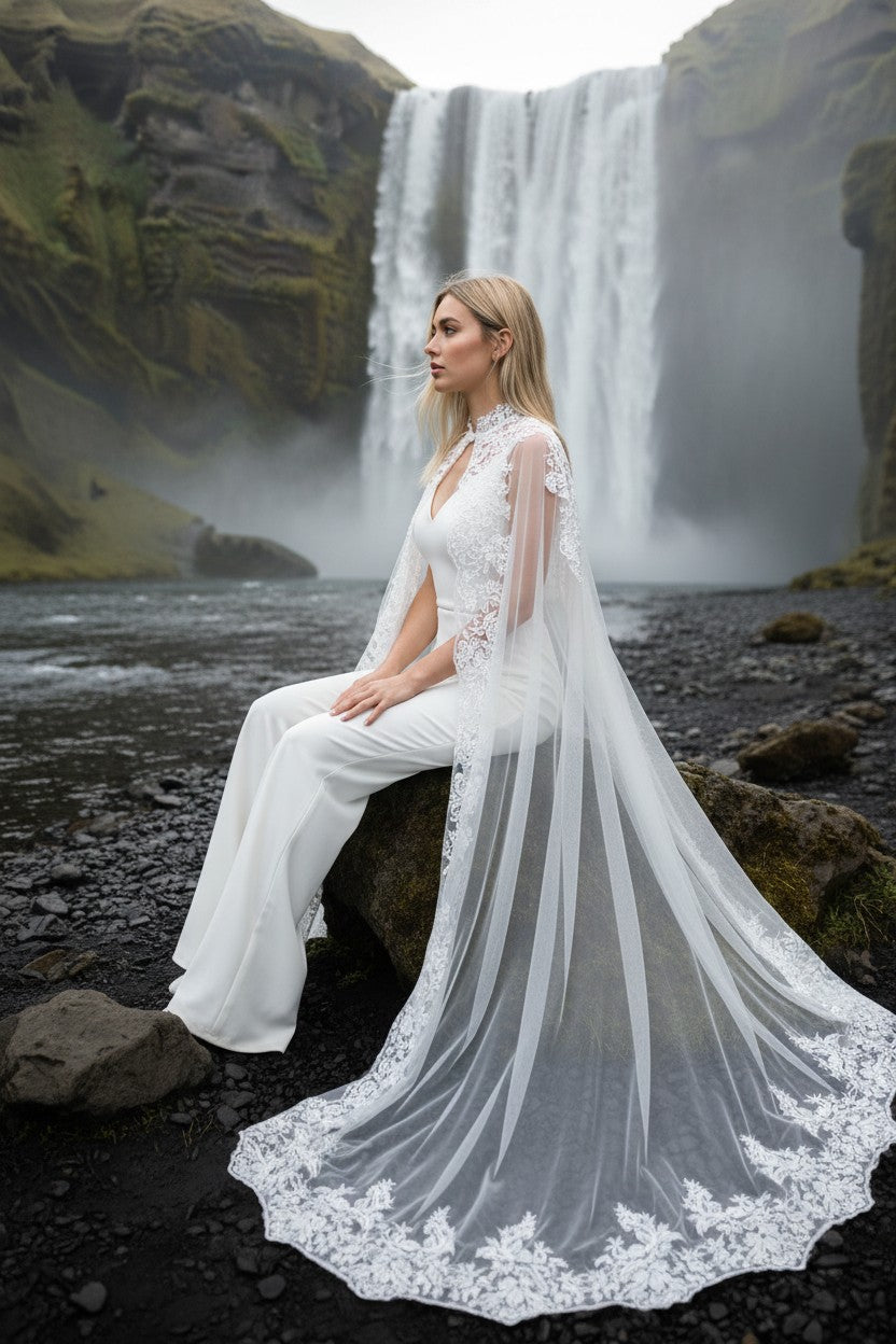 Lace Appliqué Bridal Shawl — Long, 3 Colours