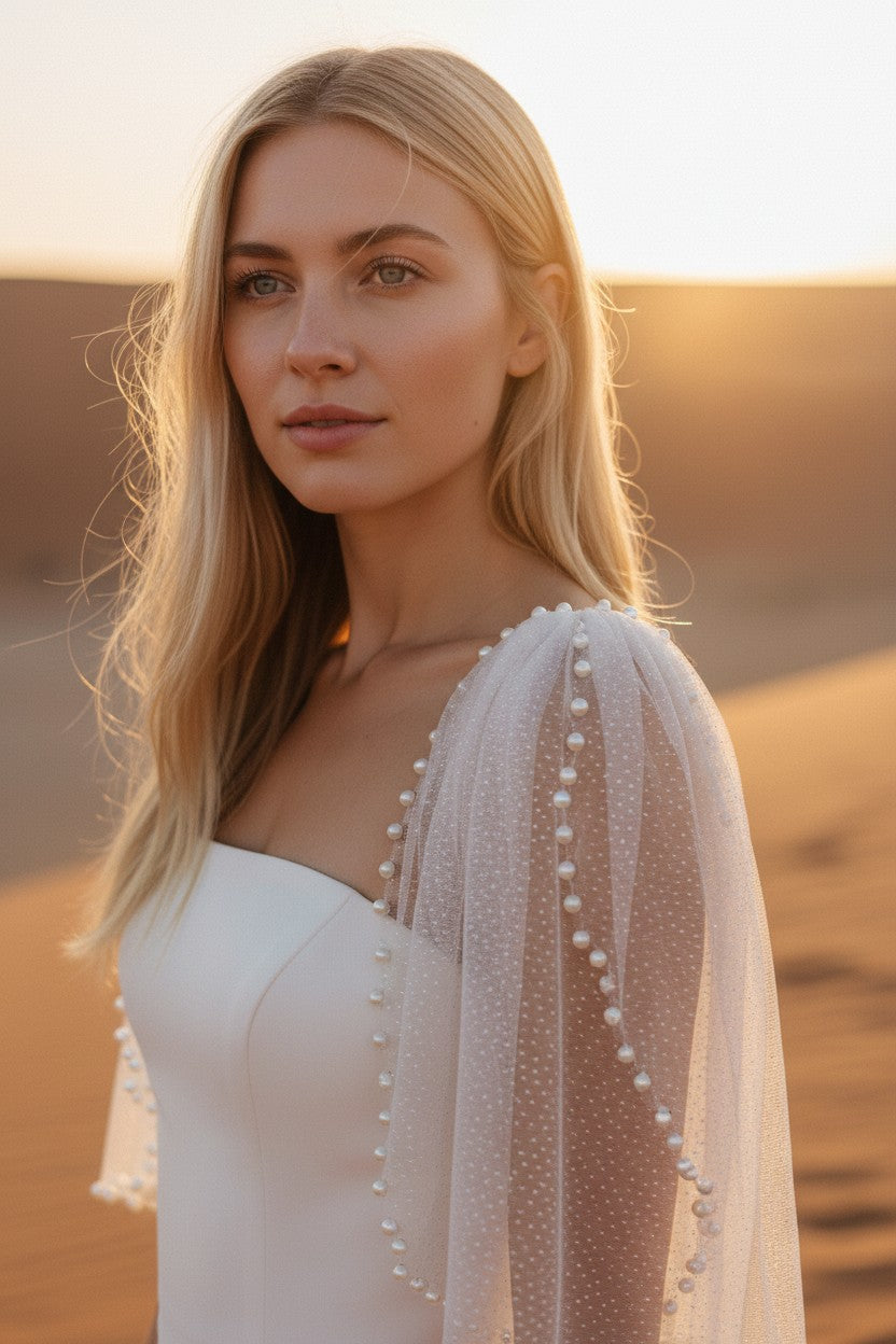 Pearl Tulle Bridal Cape — Short, 4 Colours