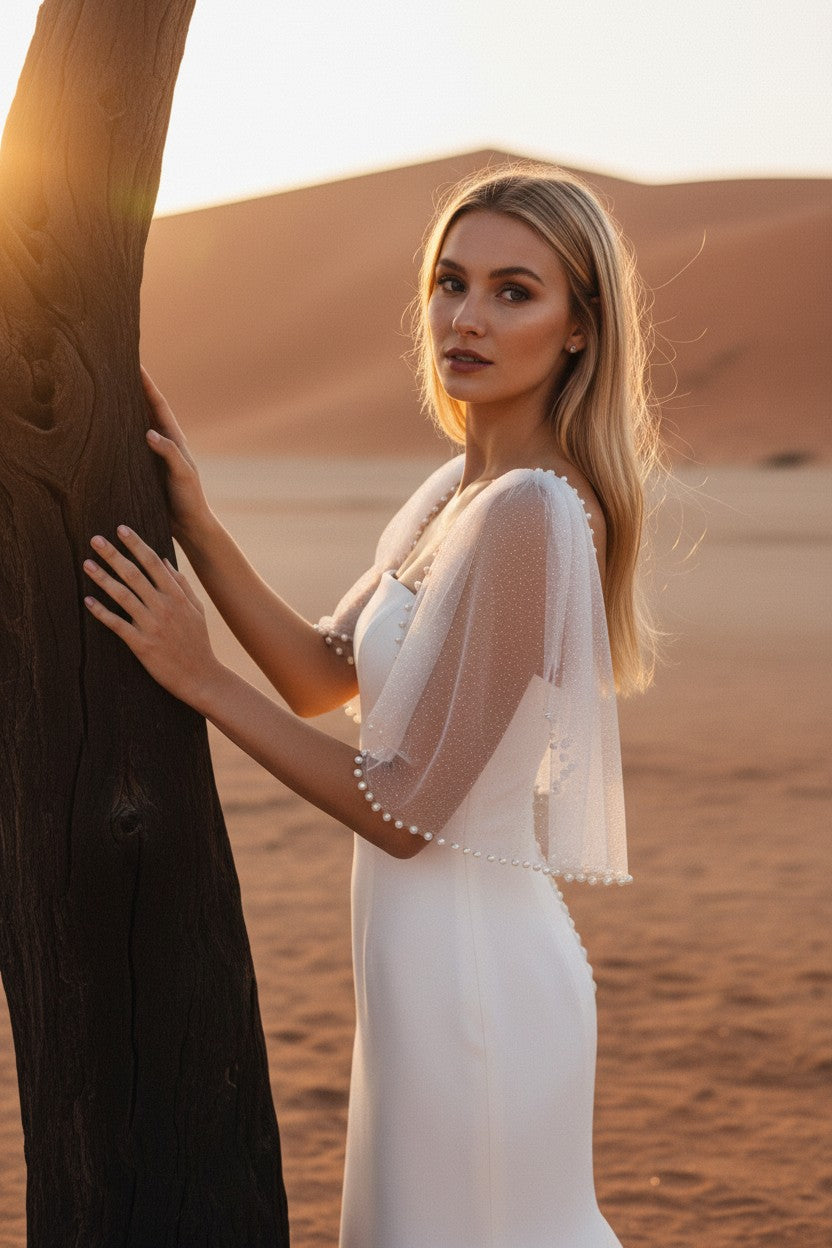 Pearl Tulle Bridal Cape — Short, 4 Colours
