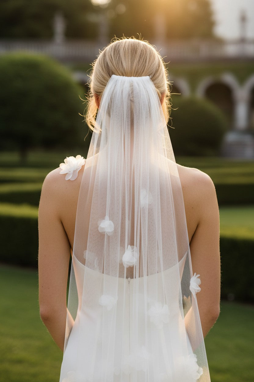 3D Floral Tulle Wedding Veil — with Train