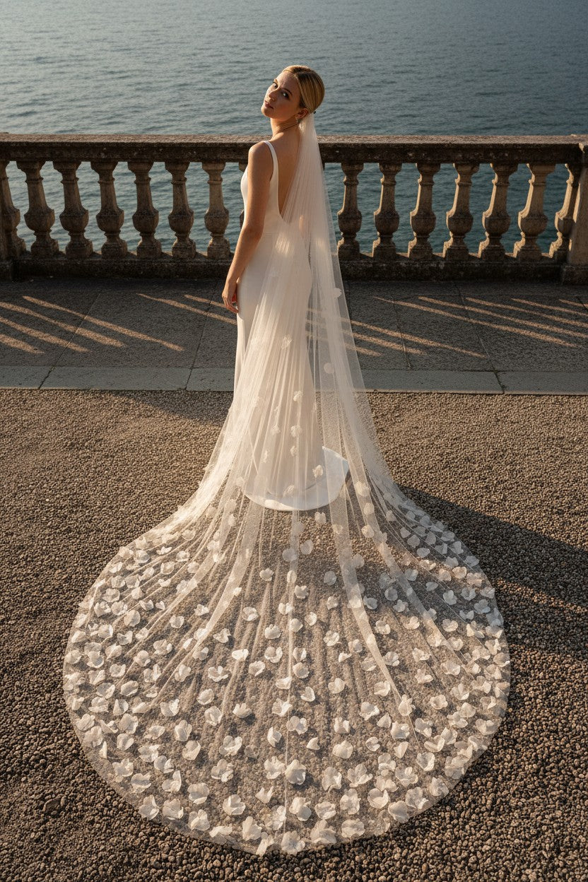 3D Floral Tulle Wedding Veil — with Train