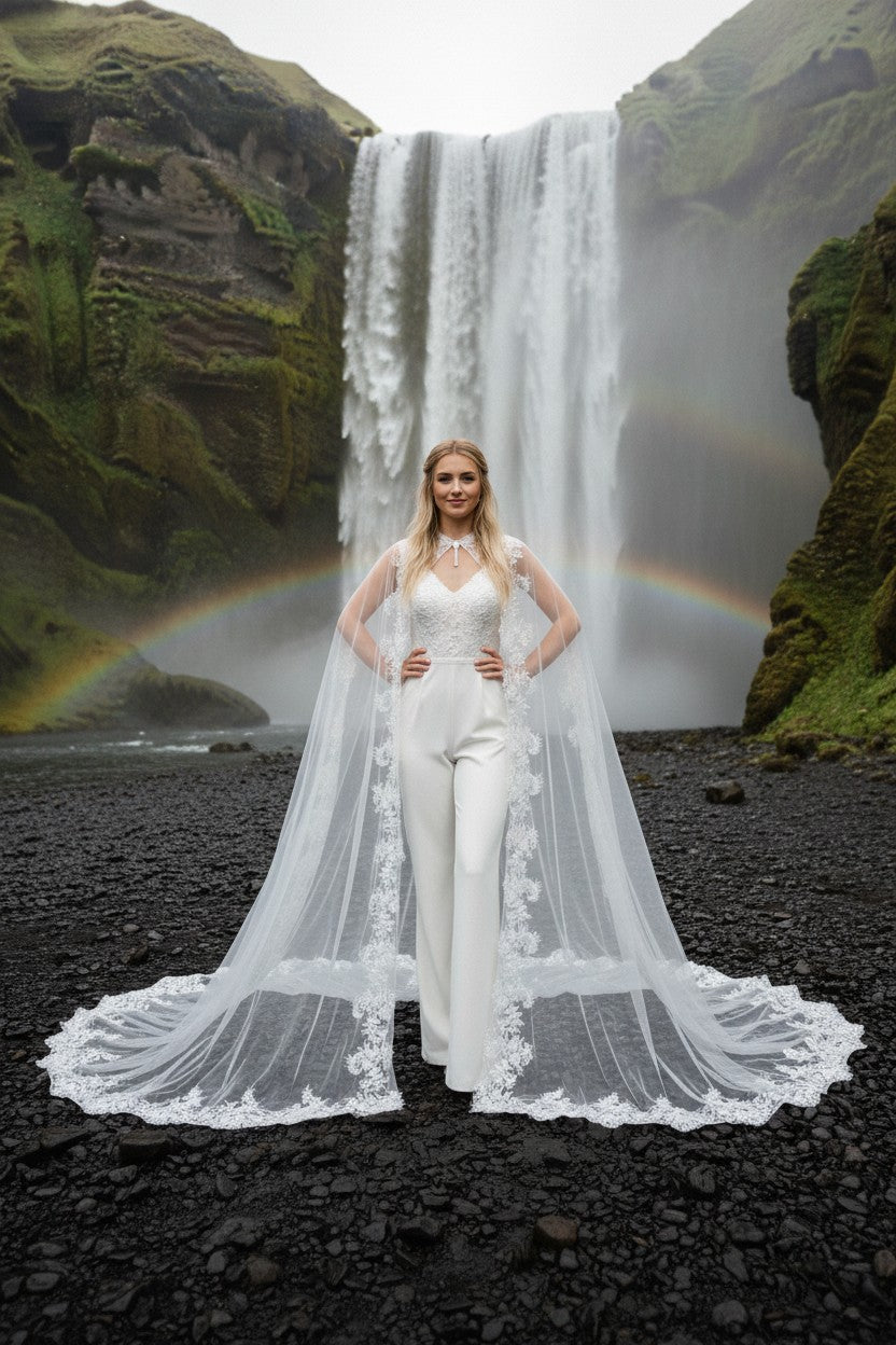 Lace Appliqué Bridal Shawl — Long, 3 Colours