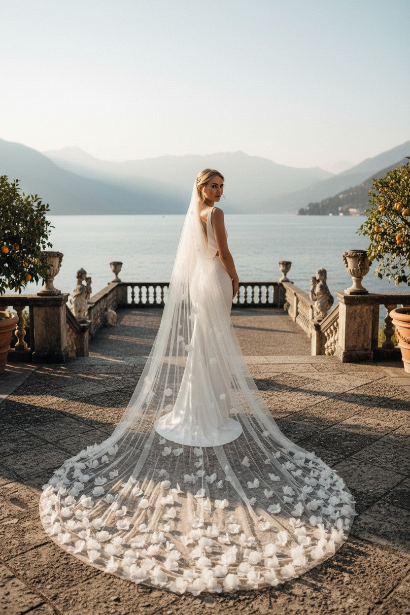 3D Floral Tulle Wedding Veil — with Train