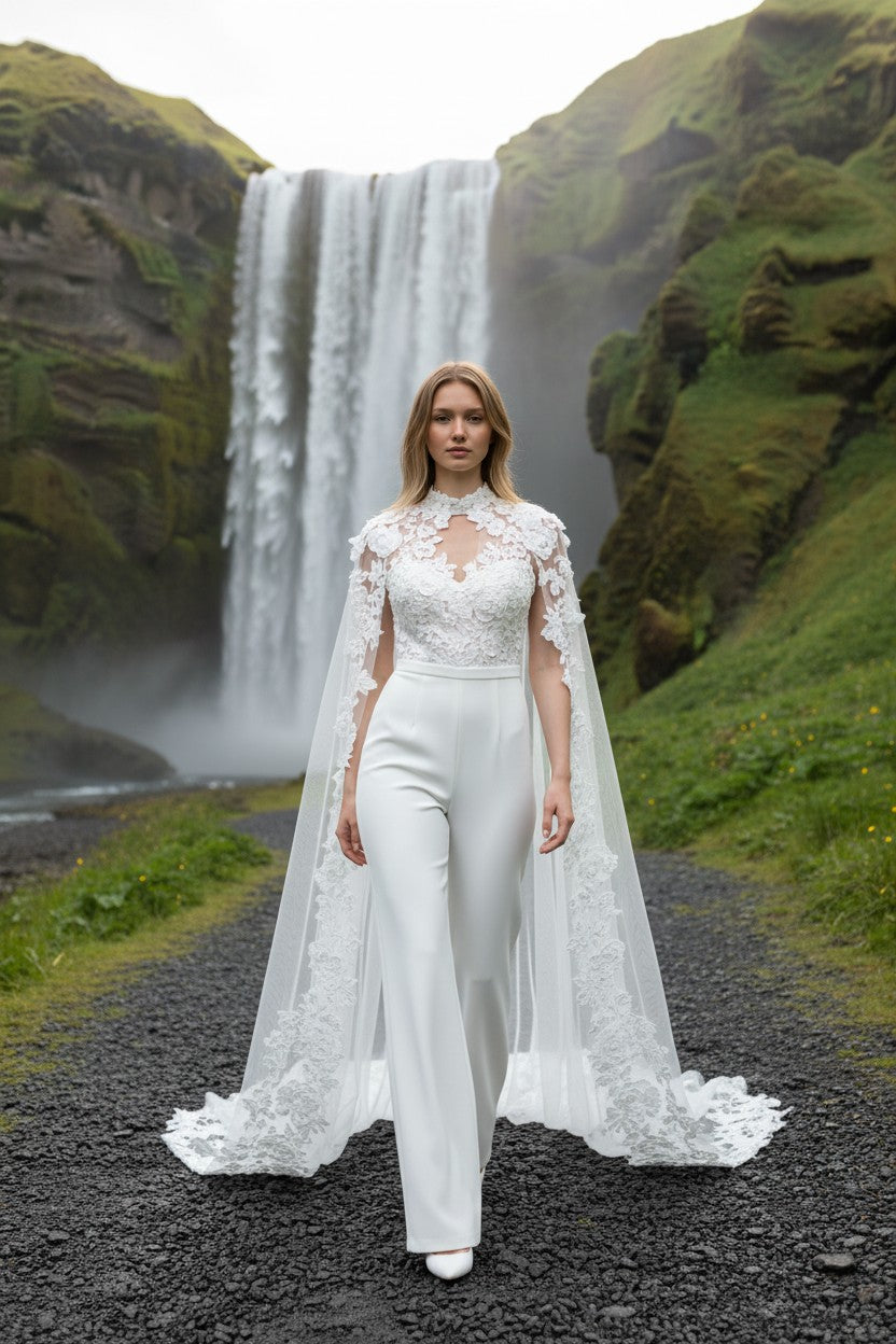 Lace Appliqué Bridal Shawl — Long, 3 Colours