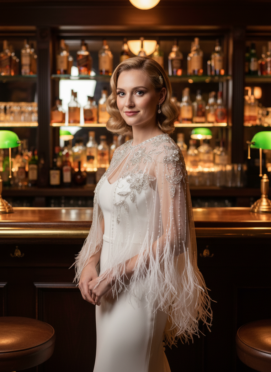 Crystal Beaded Feather Bridal Cape — Sheer Tulle