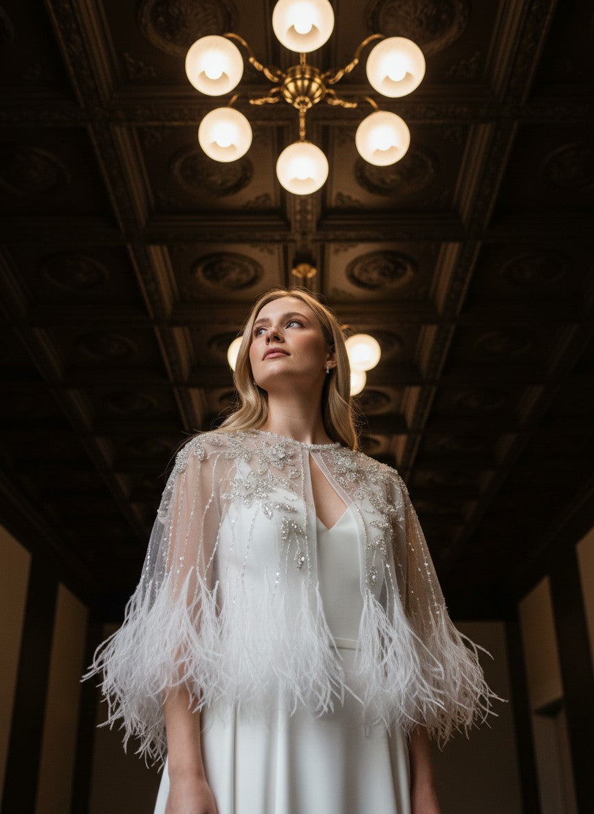 Crystal Beaded Feather Bridal Cape — Sheer Tulle