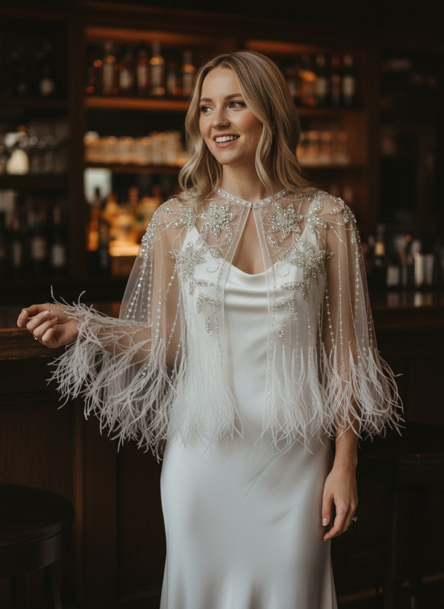 Crystal Beaded Feather Bridal Cape — Sheer Tulle