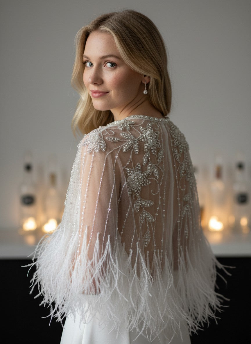 Crystal Beaded Feather Bridal Cape — Sheer Tulle