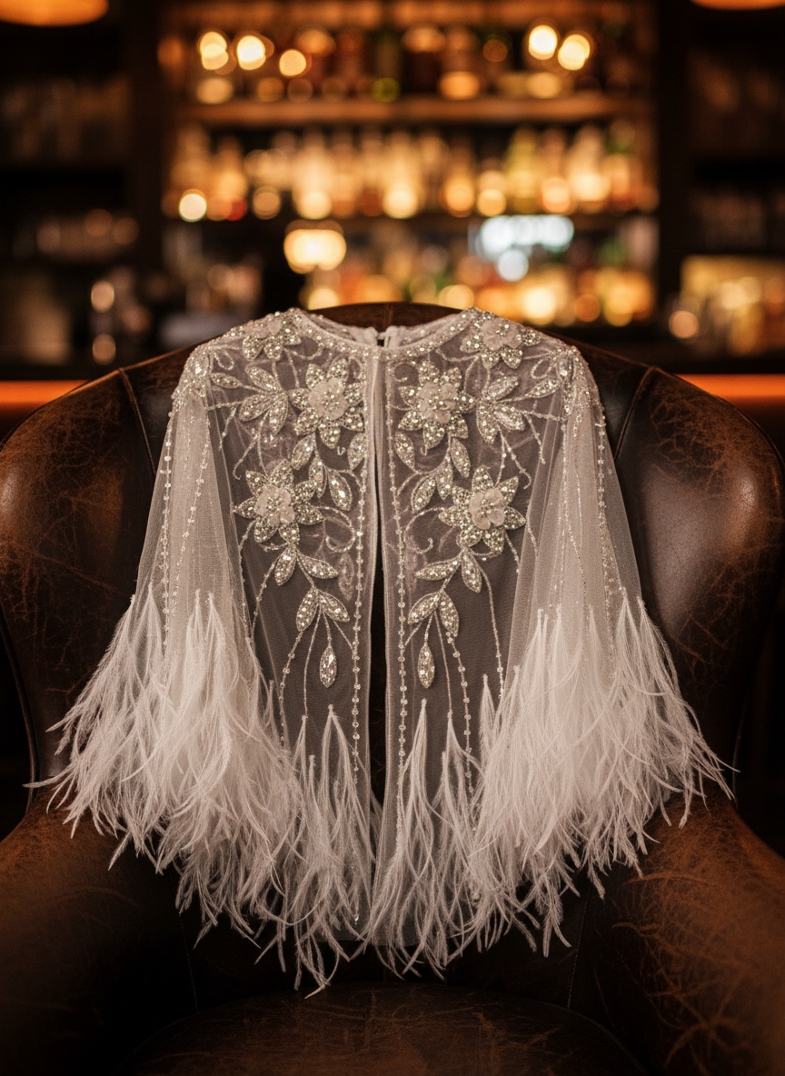 Crystal Beaded Feather Bridal Cape — Sheer Tulle
