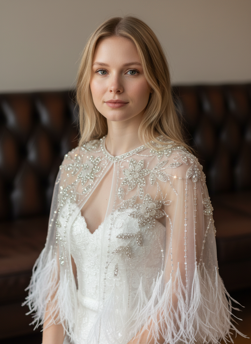 Crystal Beaded Feather Bridal Cape — Sheer Tulle