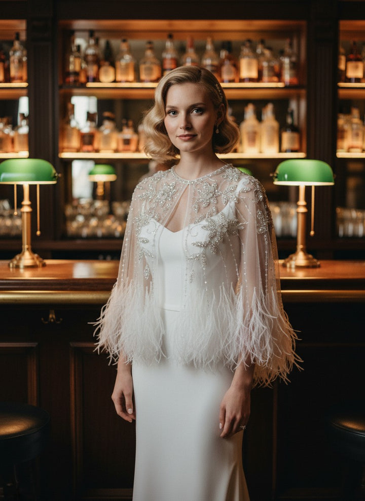 Crystal Beaded Feather Bridal Cape — Sheer Tulle