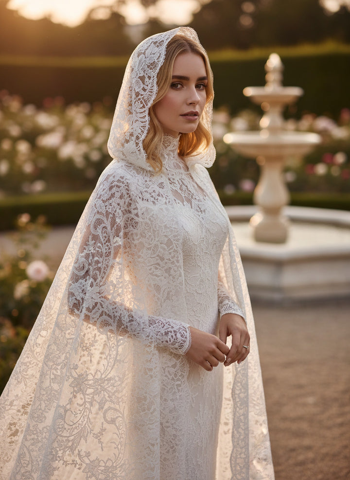 Hooded Bridal Cape in Appliqué Lace — 180 cm Cathedral Train
