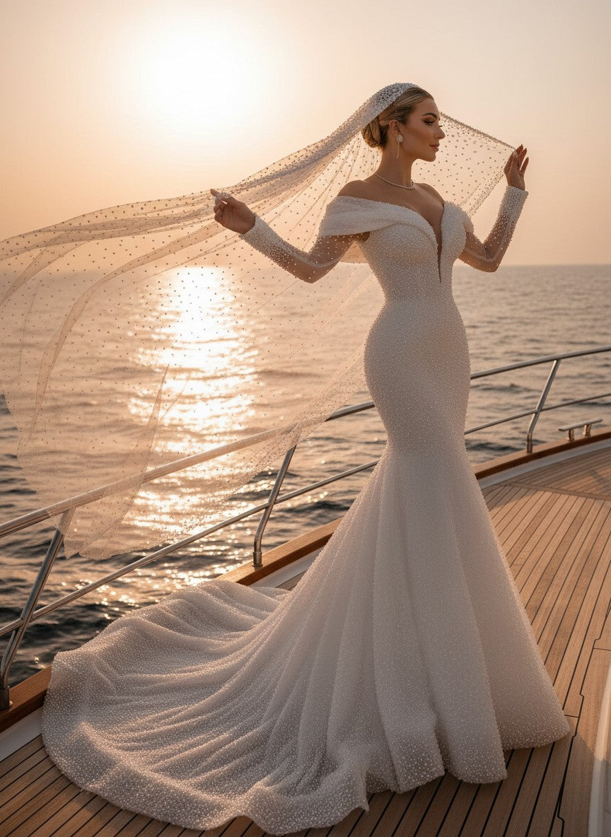 Mermaid Off Shoulder Wedding Dress — with Train, 3 Colours