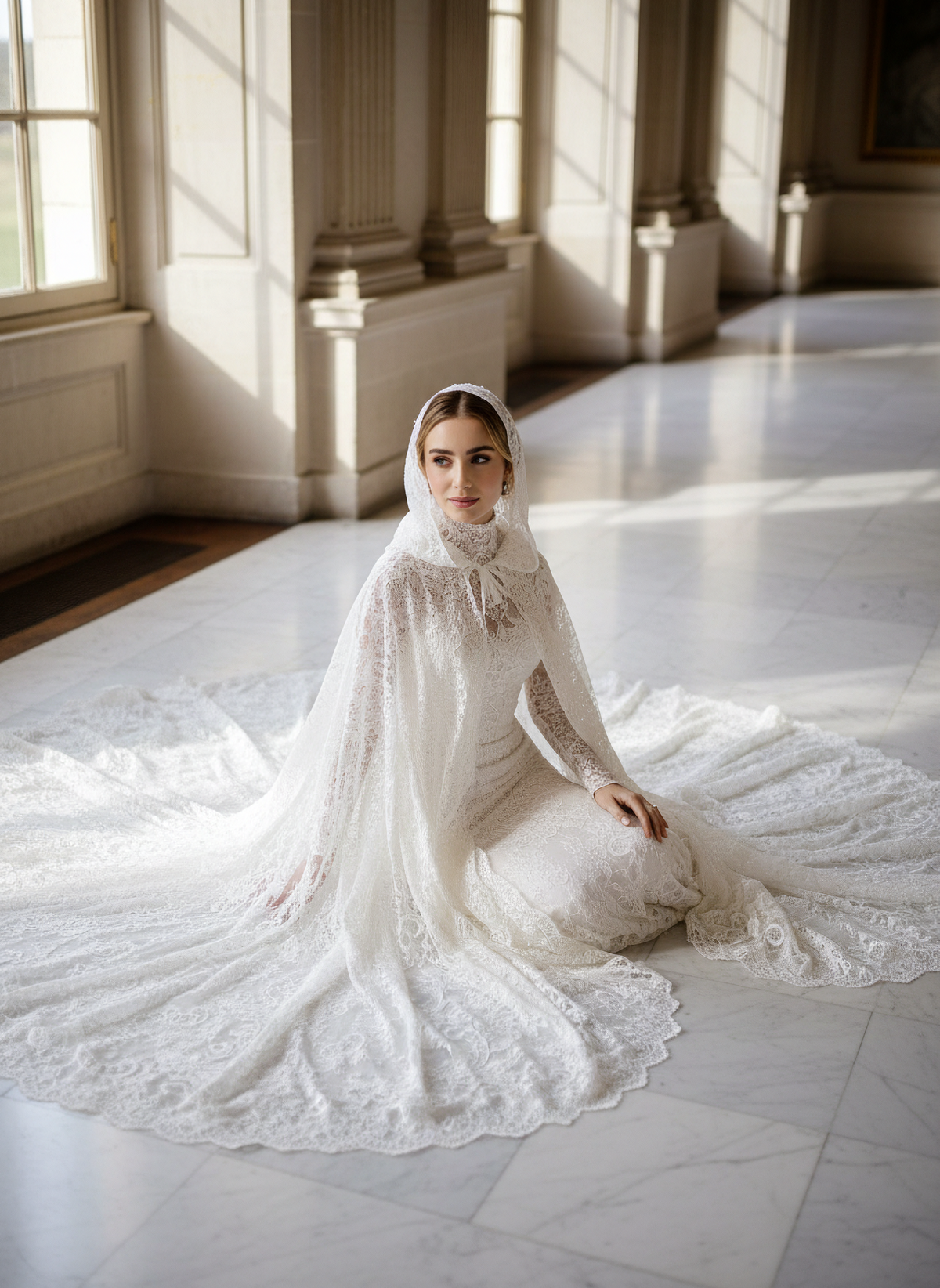 Hooded Bridal Cape in Appliqué Lace — 180 cm Cathedral Train