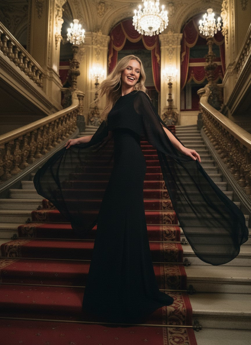 Chiffon Bridal Cape with Train — Round Neck, One Size