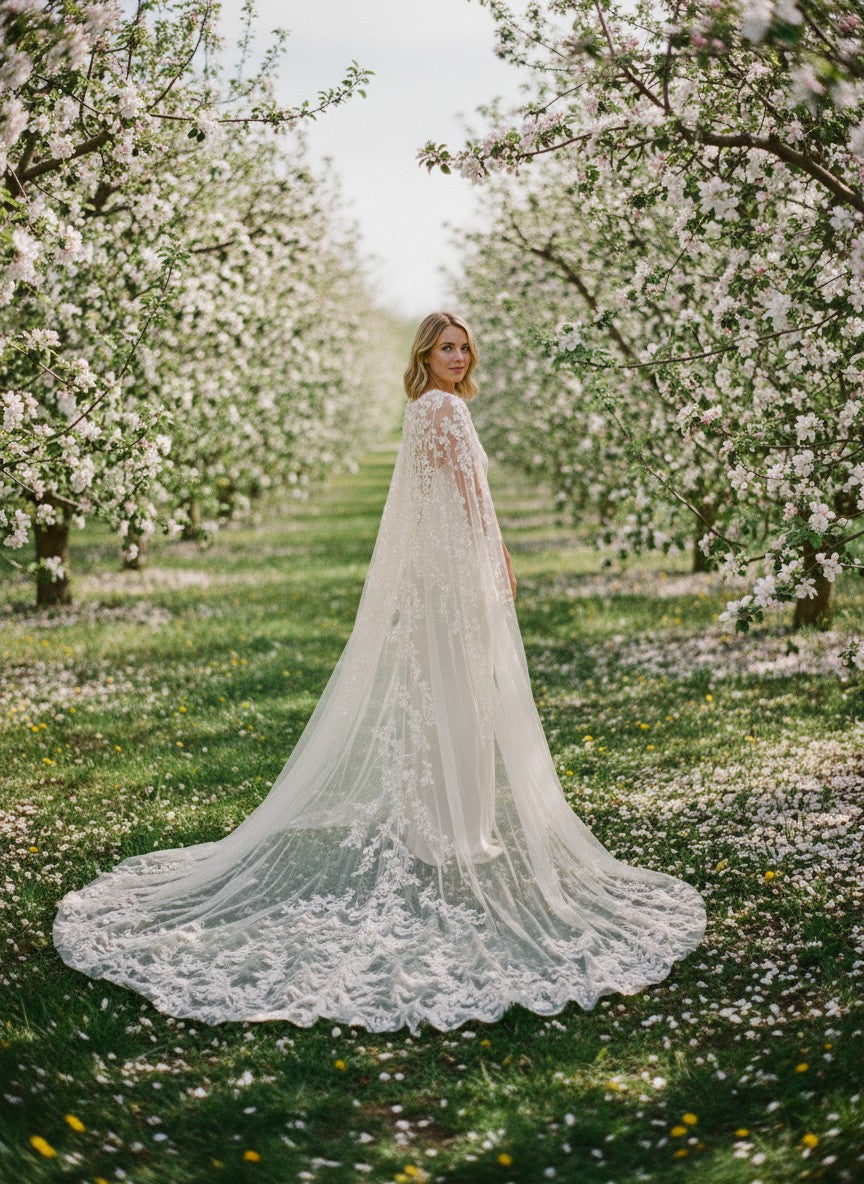 3D Floral Appliqué Bridal Shawl — Long, 3 Colours