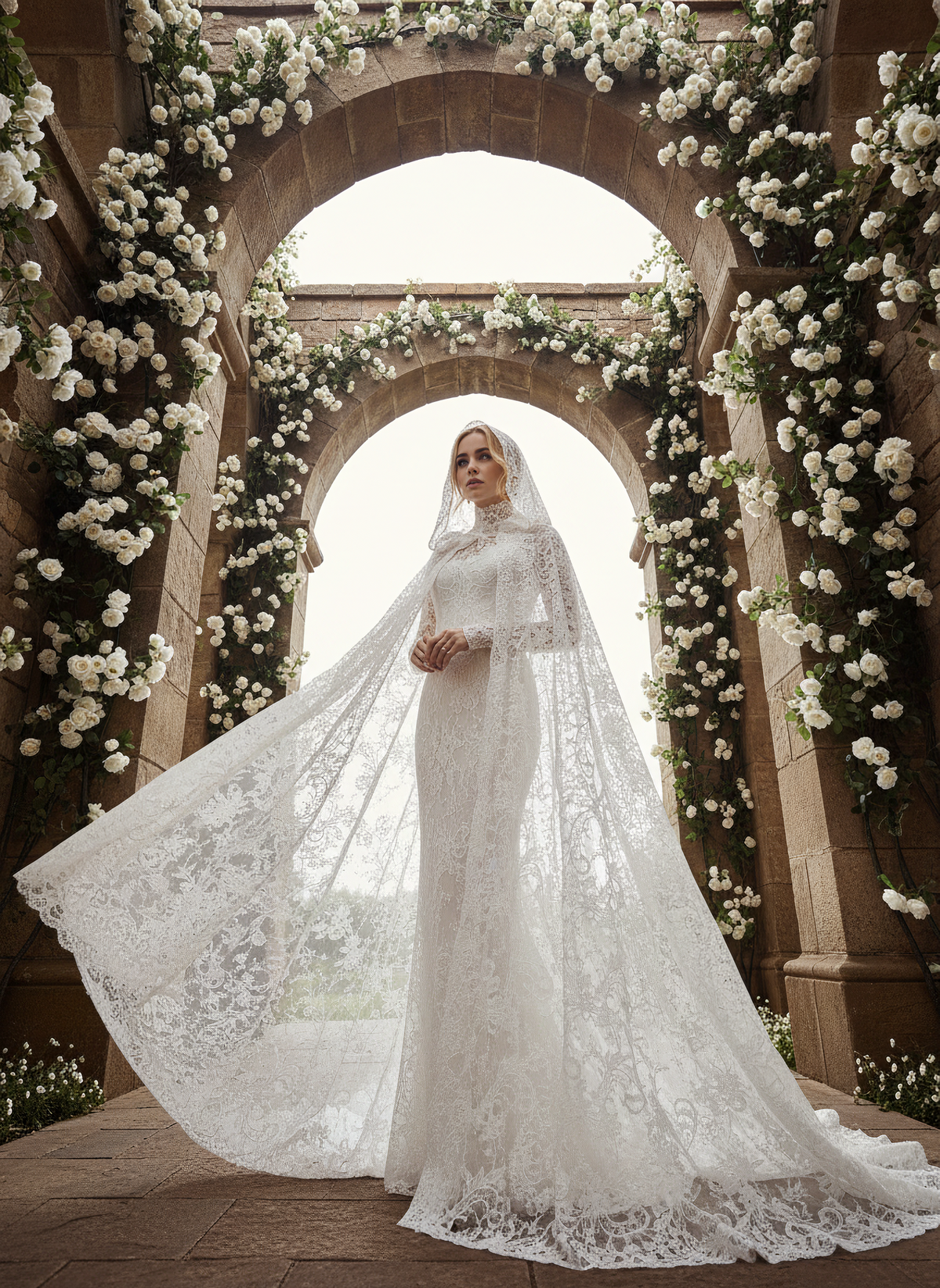 Hooded Bridal Cape in Appliqué Lace — 180 cm Cathedral Train