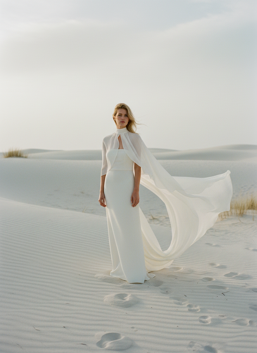 High Neck Chiffon Bridal Cape — Long, 11 Colours
